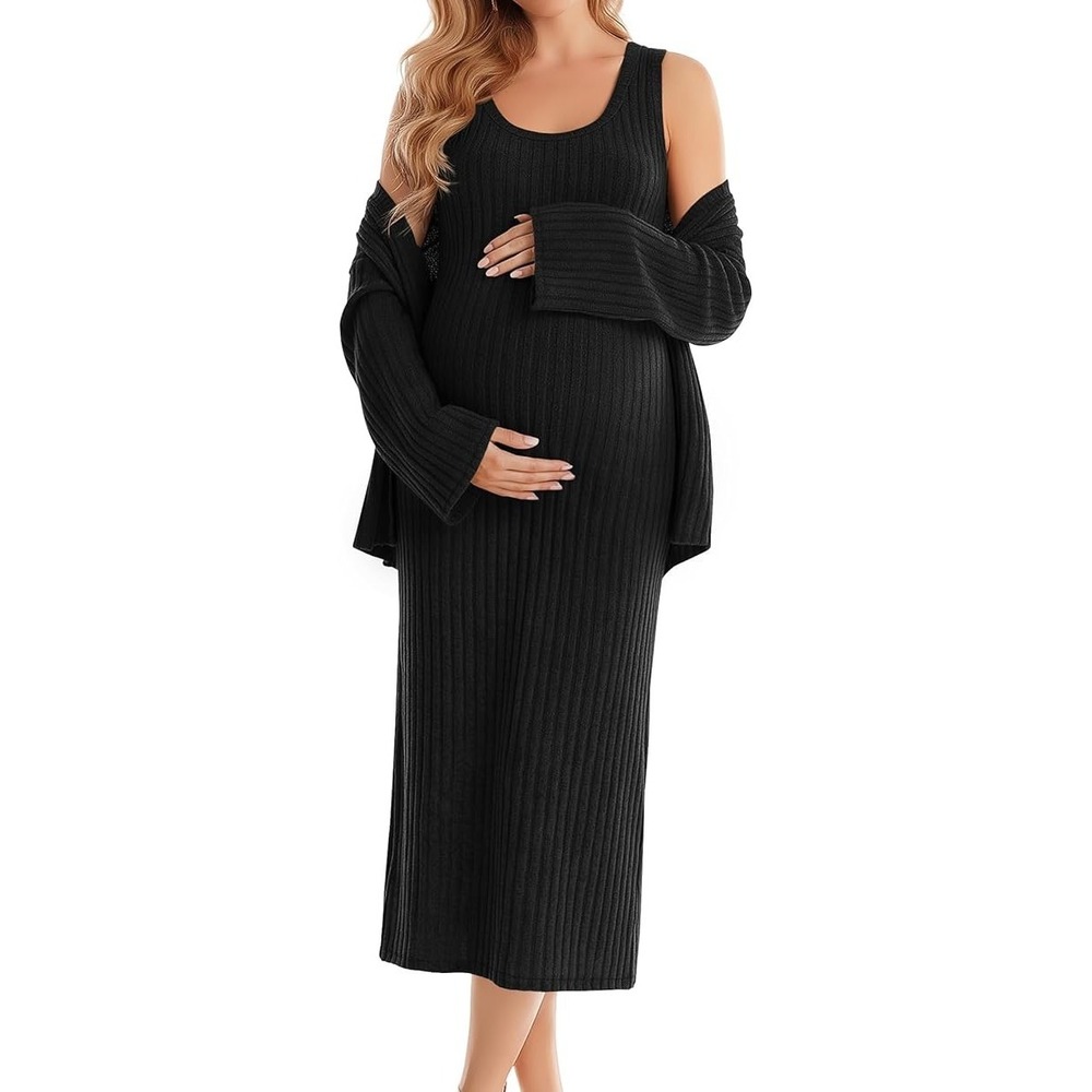 MSRP $48 Sweetyweee L Black Maternity Dress Set Two Piece Ribbed Sleeveless